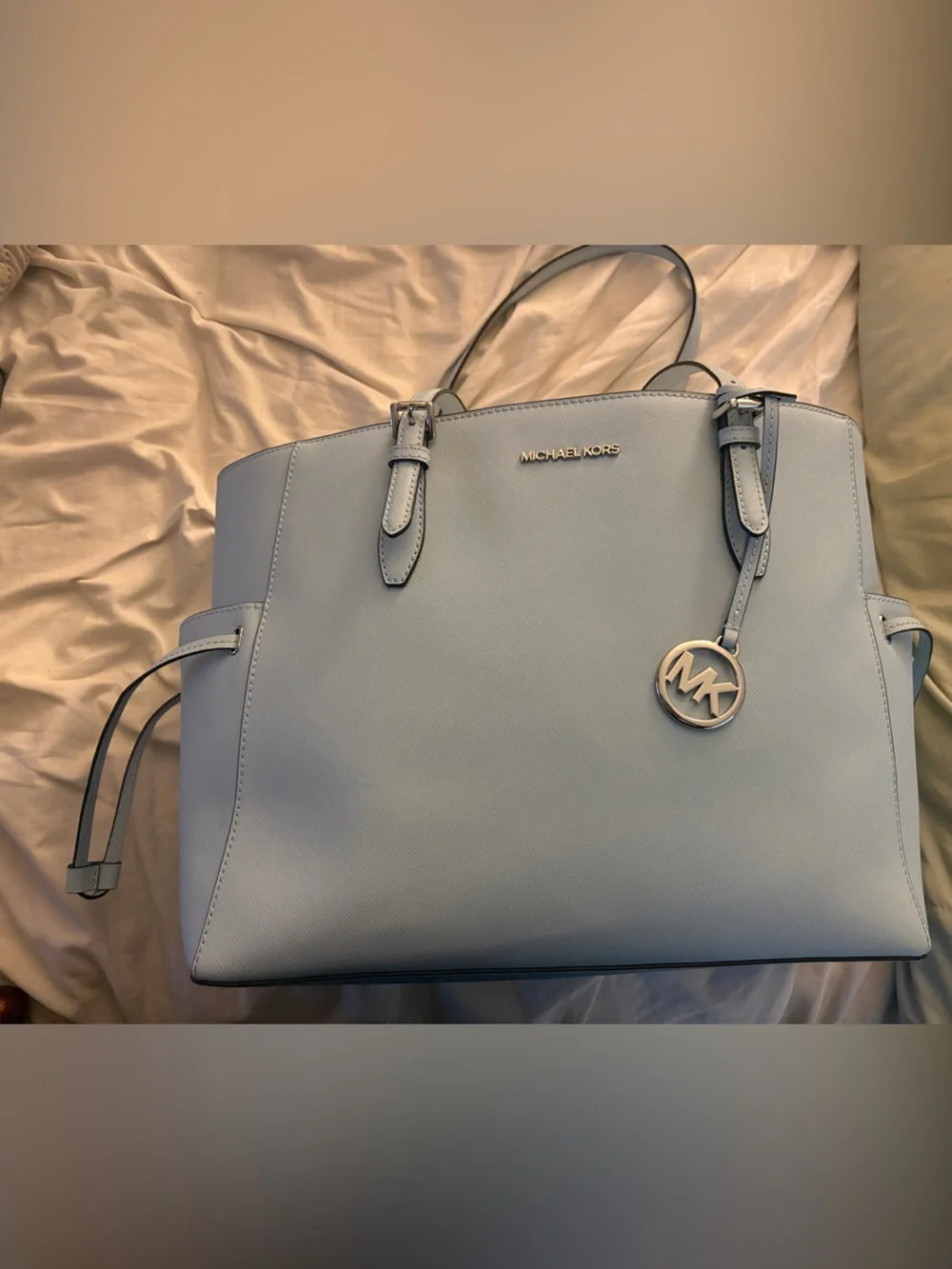 NWT Michael Kors Light Blue Saffiano Leather Tote with MK Charm